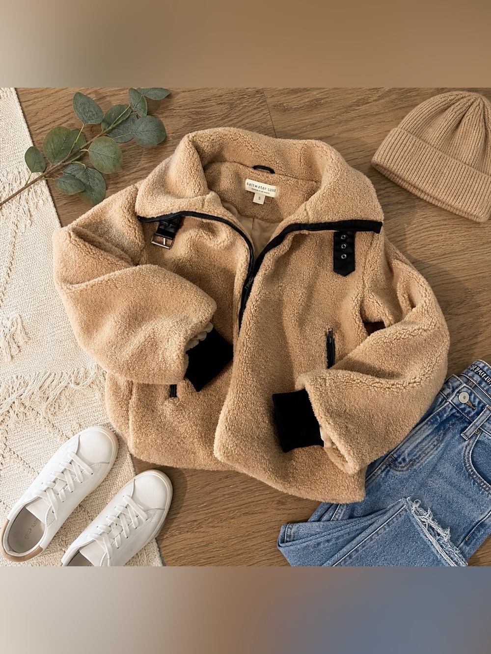 Saltwater Luxe Sherpa Fleece Jacket Tan Beige Cropped Zip Coat Size S NWOT